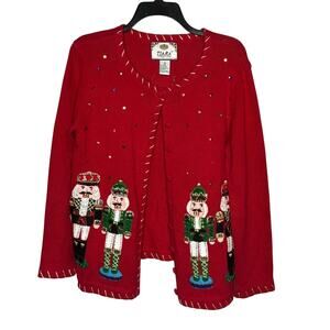 Tiara Holiday Nutcracker Red Embroidered Cardigan Sweater Vintage Size Small